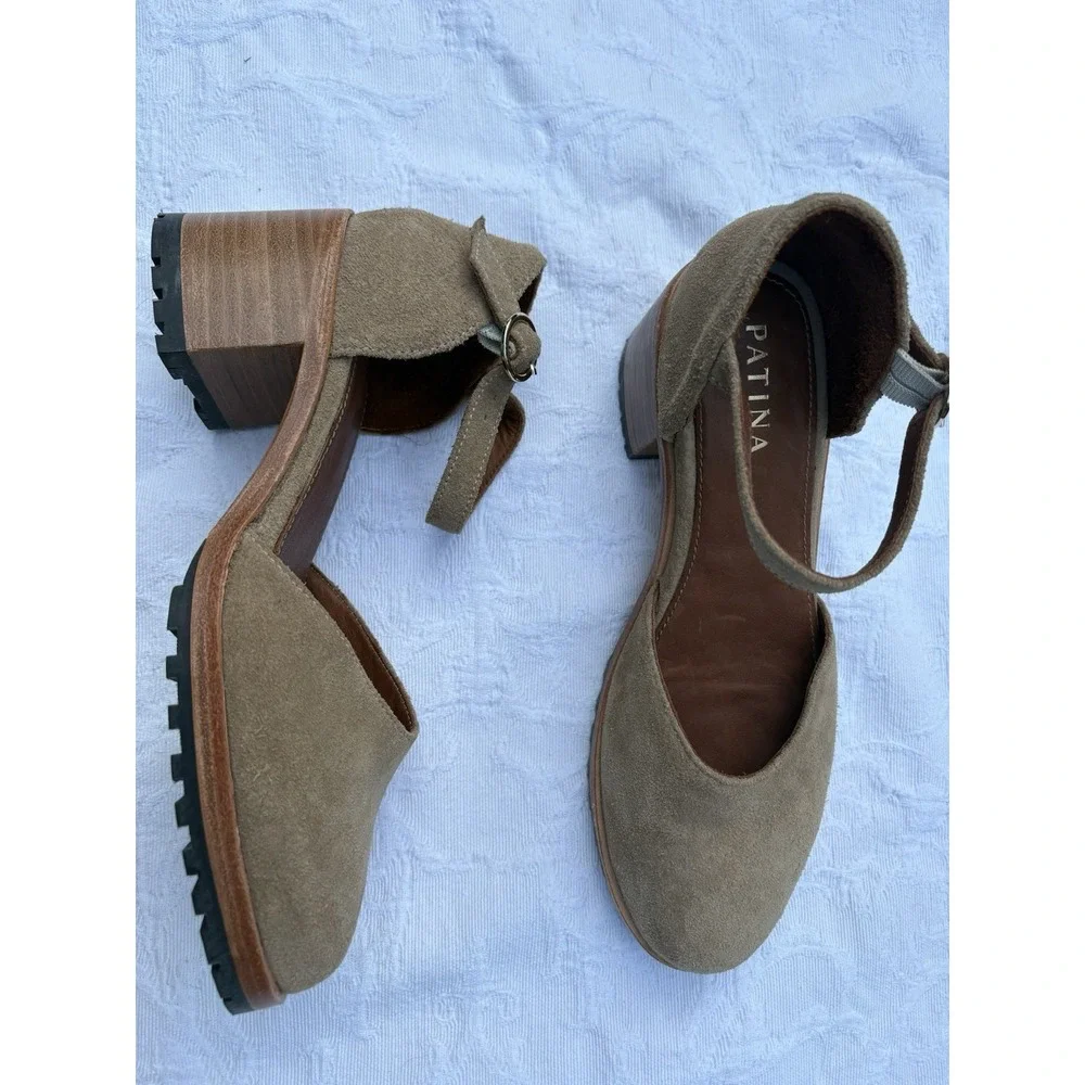 Patina By Portland Leather Tan Suede Block Heeled Mary Jane Shoes Size 8.5. EXC.
